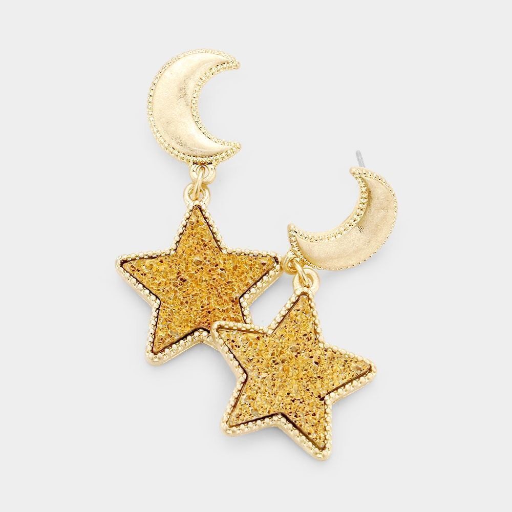 NWT Womens Boutique Metal Crescent Moon Druzy Star Link Dangle Earrings